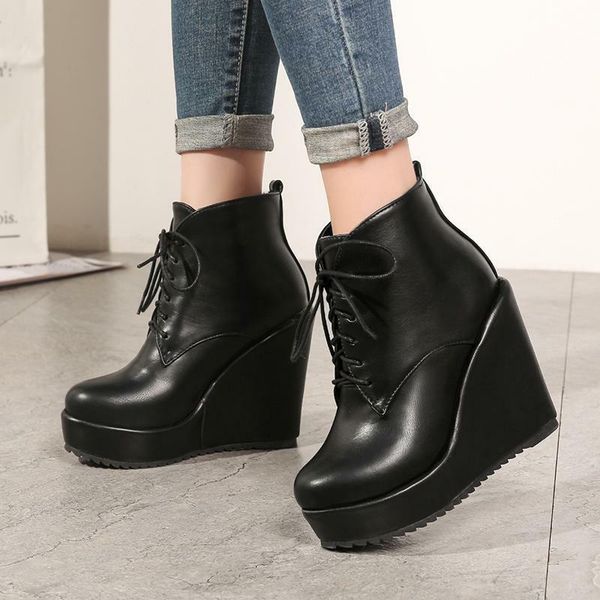 

women's winter round toe lace up platform high wedge heel casual ankle boots, Black