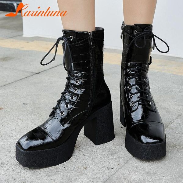 

karin dropship shoes genuine leather square toe cross-tied platform thick heels zip cow leather mid-calf boots, Black