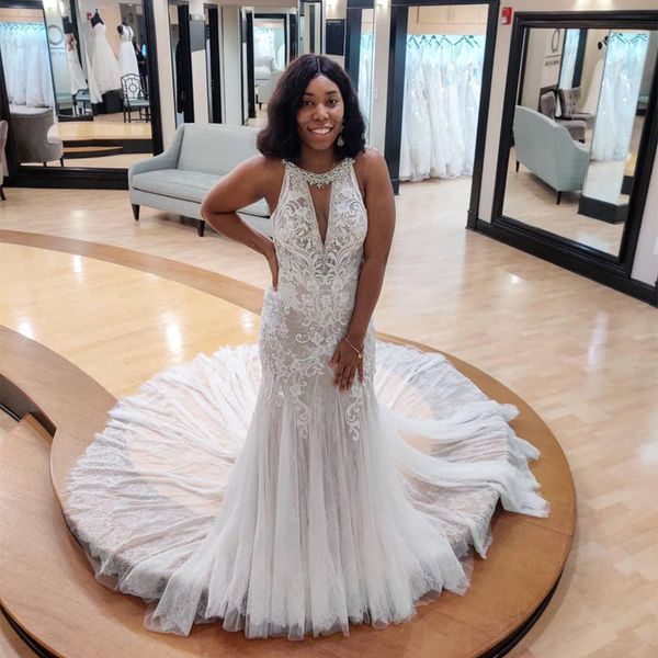 

plus size arabic aso ebi crystals lace mermaid wedding dresses crew vintage bridal dresses elegant wedding gowns, White