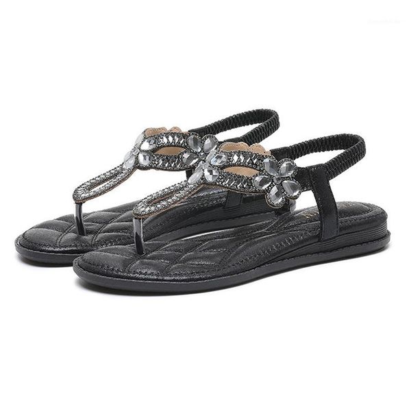 

sandals 2021 bohemian comfortable women's shoes flat plus size heel rhinestone sandals1, Black
