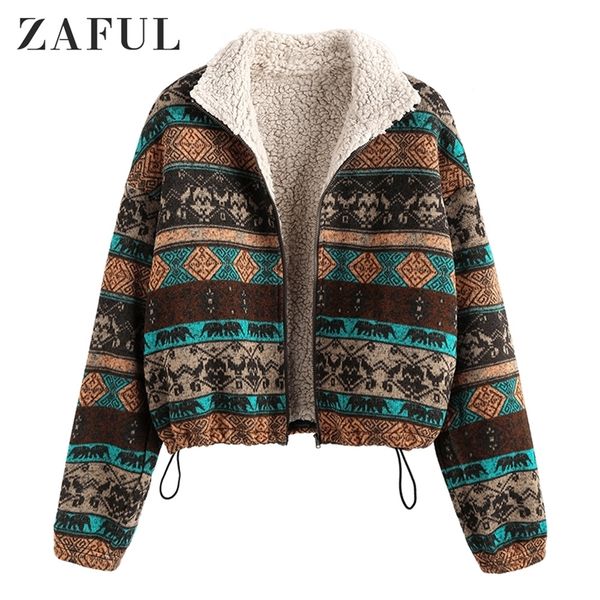 

zaful tribal print plaid faux fur lined jacket women high waist hoodies sweatshirts autumn spring vintage jackets coats outwear 201210, Black;brown