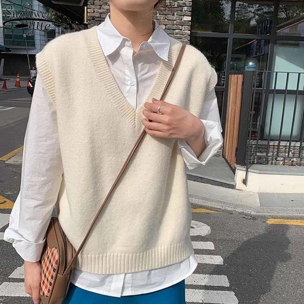 

knitted vest sweaters womens knitwear sweater autumn and winter solid sleeveless v-neck womens pullovers korean style 10896 y201128, White;black
