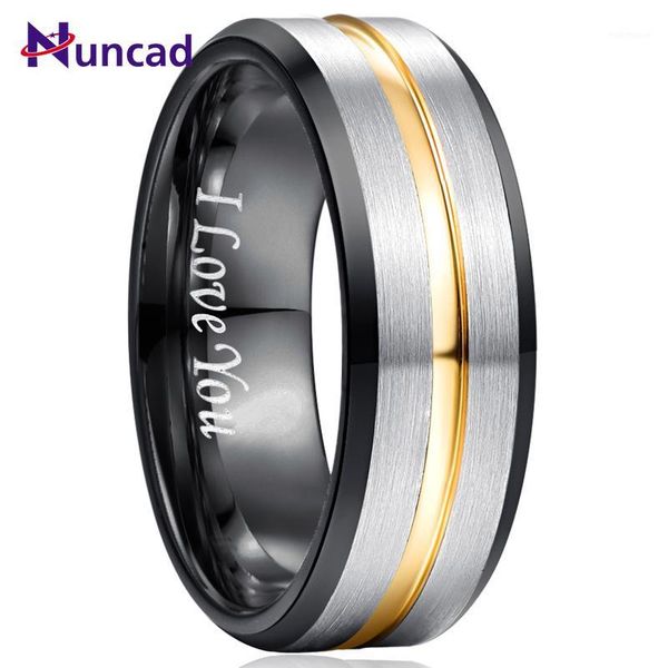 

wedding rings nuncad no engrave i love you 8mm tungsten carbide ring black inner bevel gold groove frosted steel men's1, Slivery;golden