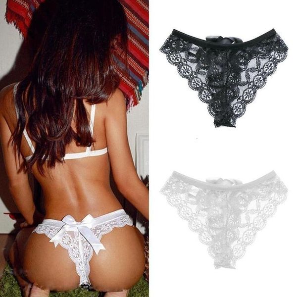 

1pc hip lift thong bow knot panties women string lace underwear, Black;white