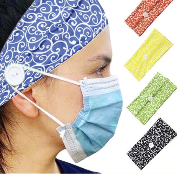 

new casual mouth mask ear stretch hairband with buttons flowers printed knits headbands sports head band hair accessories for women, Black;brown