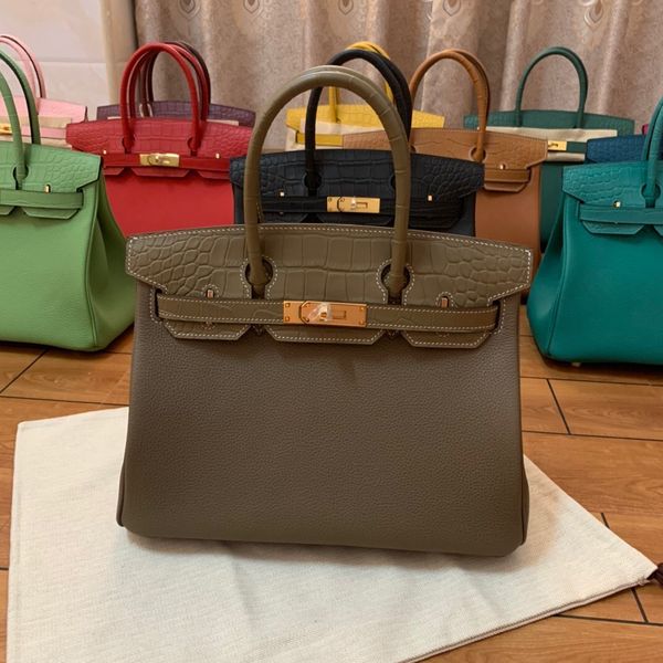 

whosale handmade calf skin with crocodile grain+togol leather design handbag30cm,wax stitching,grey brown colors,fast delivery