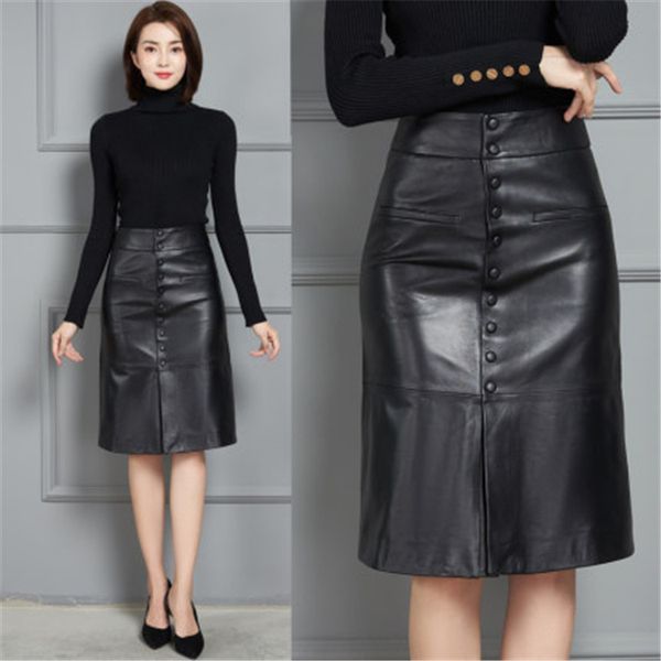 

2021 new fashion genuine real sheep leather skirt k5, Black