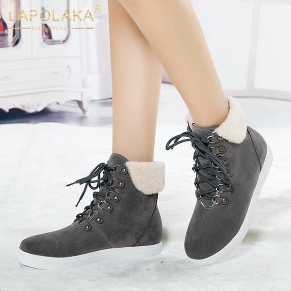 

boots lapolaka 2021 concise comfortable shoes ladies female lace up add fur platform warm winter woman, Black