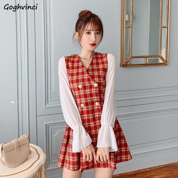 

long sleeve dress women retro plaid patchwork high-waist a-line elegant trendy korean girls vestido lovely chic simple all-match, Black;gray