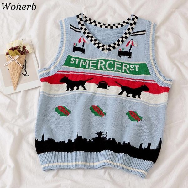 

woherb knit sweater vest female cartton print harajuku vests preppy style casual tank women waistcoat japanese kawaii, White;black