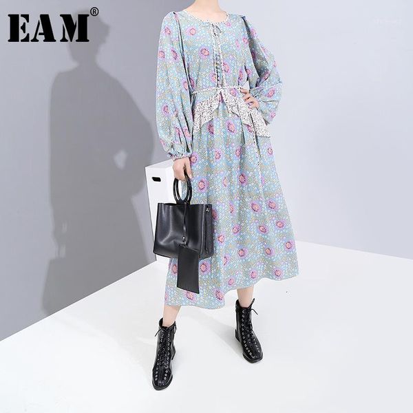 

eam] women pattern ruffles big size long dress new round neck long sleeve loose fit fashion tide spring autumn 2019 19a-a8701, Black;gray