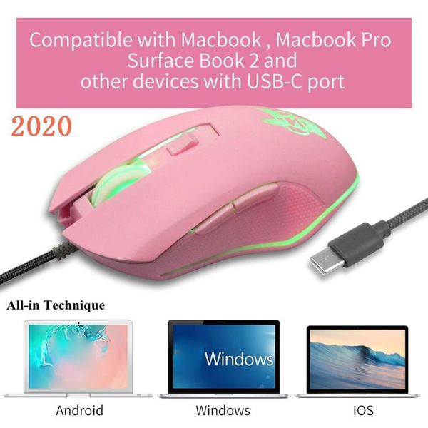 

mice 2021 pink usb/usb c mouse with led backlight 2400dpi type wired for chromebook lapmatebook x tablet