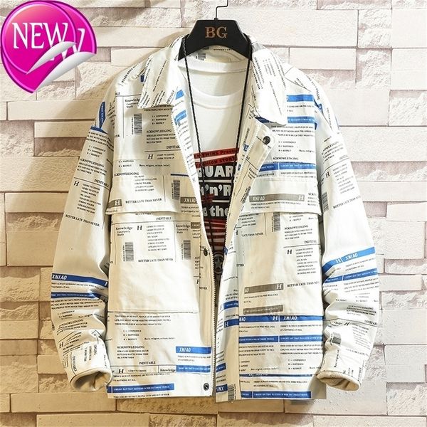 

casual england style new 2020 spring autumn cargo white print jacket men's brand clothes plus oversize m-5xl, Black