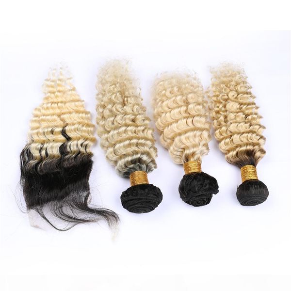 

indian ombre bundle hair with closure 100% human hair with closure 4" " 4" deep wavy #1b #613 ombre hair bundles with closure, Black;brown