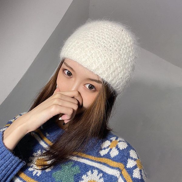 

seconds change fairy angola fur knitted hat women warm hat in autumn and winter korean version baotou landlord tide, Blue;gray