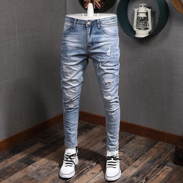 

men's jeans korean style fashion men elastic slim fit ripped denim pencil pants light blue streetwear hip hop trousers