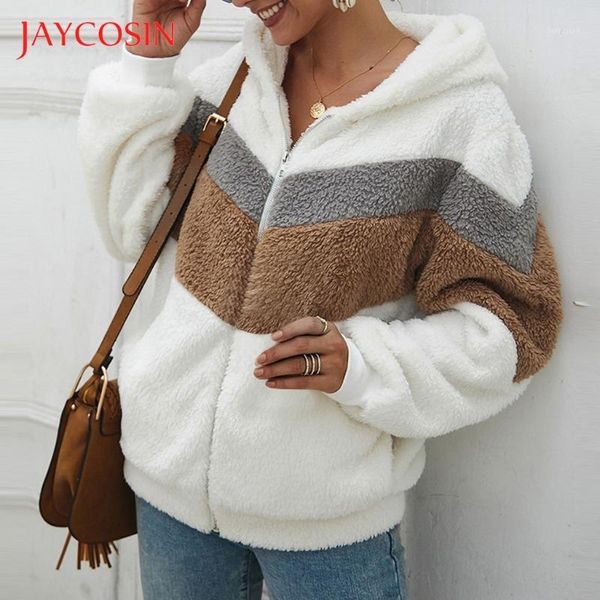 

jaycosin winter women cotton fluffy long sleeve jacket ladies warm outerwear cardigan stitched velvet hooded zipper jacket 823#21, Black;brown