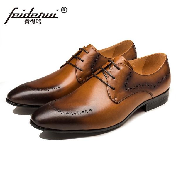 

new vintage man handmade party shoes genuine leather carved wedding oxfords pointed toe derby men's breathable footwear js17, Black