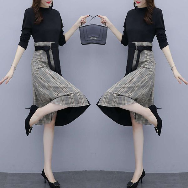 

large women's 2020 autumn new fat mm foreign style slim age covered plaid dress, Black;gray