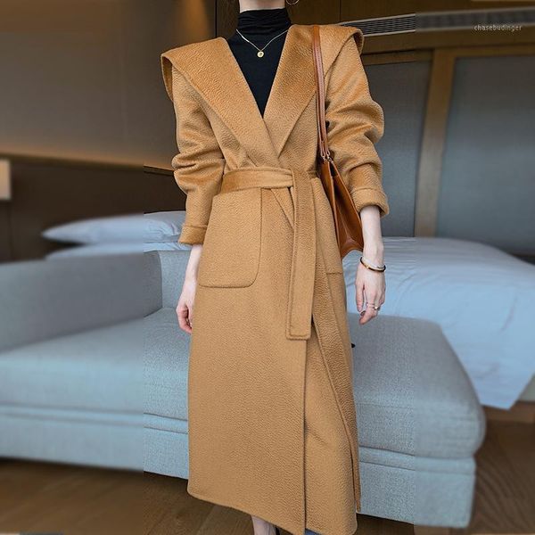 

bottle water wave double face wool coat for women european and american hooded extended over the knee woolen coat for women1, Black