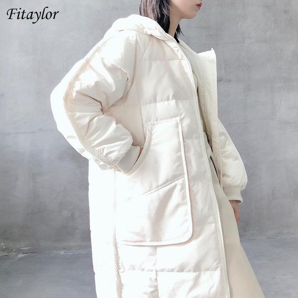 

fitaylor corduroy splicing hooded down long jacket women thick loose coat winter 90% white duck down parka warm snow outerwe, Black