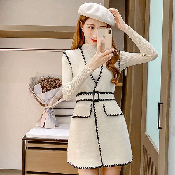 

women's vests fashion women streetwear woolen cloth vest jacket 2021 spring autumn female patchwork cardigan with belt slim blend coat, Black;white