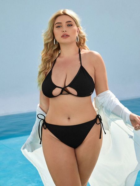 

plus rib halter tie side bikini swimsuit l667#, Black