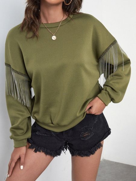

solid fringe detail drop shoulder sweatshirt z25k#, White;black