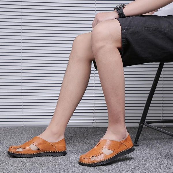 

genuine leather men shoes breathable summer men's sandals men sandals handmade sewing fashion slippers big size 481, Black