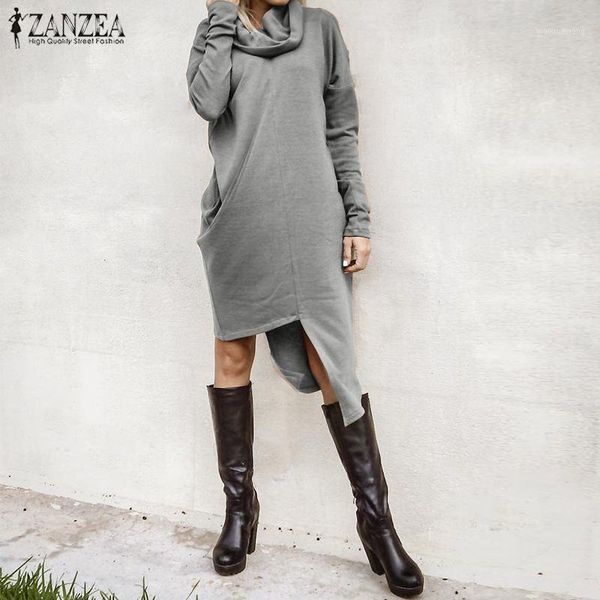 

fashion asymmetrical dress women's turtleneck sundress 2020 zanzea autumn long sleeve tunic vestidos plus size pullovers robe1, Black;gray