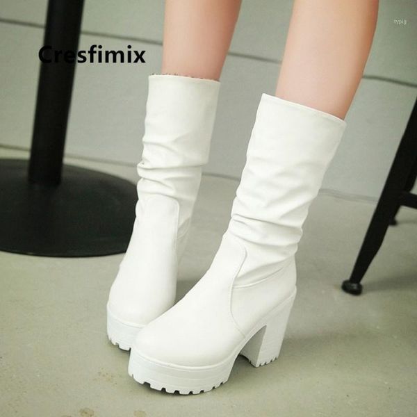 

boots cresfimix botas de mujer women fashion white pu leather high heel waterproof lady casual black autumn winter c60421