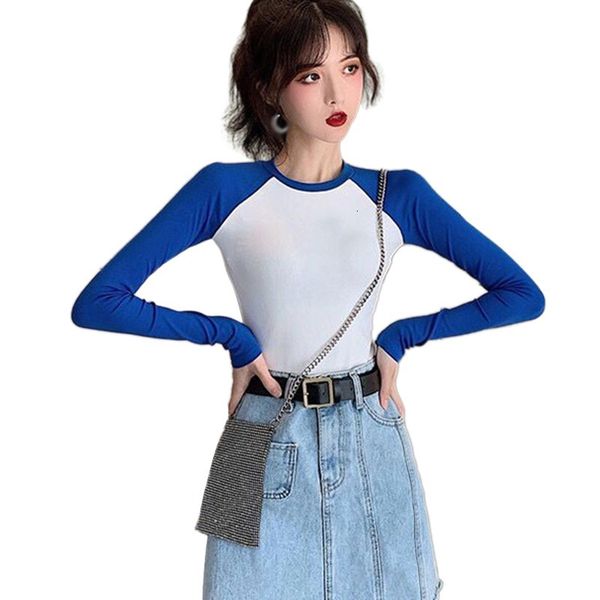 

women's clothes 2020 ladies autumn spring o neck patchwork casual slim long sleeve t shirt, White