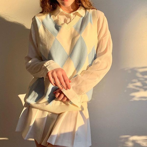 

new argyle plaid knitted sweater vest female streetwear street style vintage clothes winter ladies v neck knitwear waistcoat, White;black