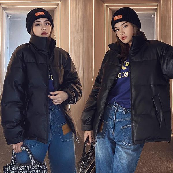 

women's down & parkas high-quality pu leather cotton jacket for men and women with loose stand-up collar couples, Black