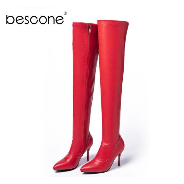 

bescone women long boots pointed toe thin heel stretch tight over the knee boots bm607, Black
