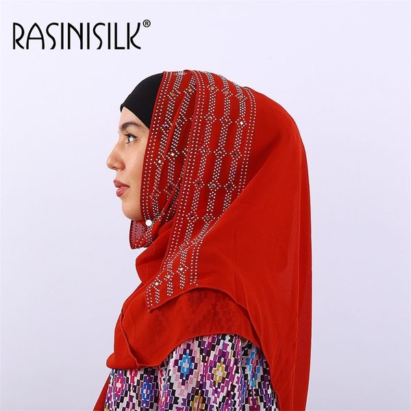 

premium bubble chiffon muslim scarf hijabs headscarf with exquisite rhinestone decor women's modest islamic 27.5*67inch 18colors y20100, Blue;gray