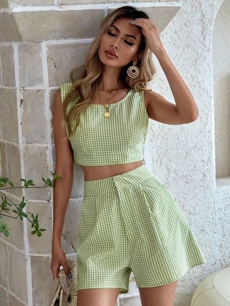 

gingham backless crop with shorts w4fr#, White