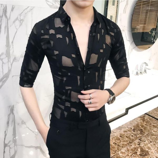 

2019 men shirt spring hollow lace patchwork long sleeve shirt men streetwear mens shirts casual slim fit night club dress tuxedo1, White;black