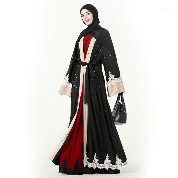 

new elegant women full length loose lace splicing patchwork muslim abaya muslem caftans long robes arabic dubai dress1, Black;gray