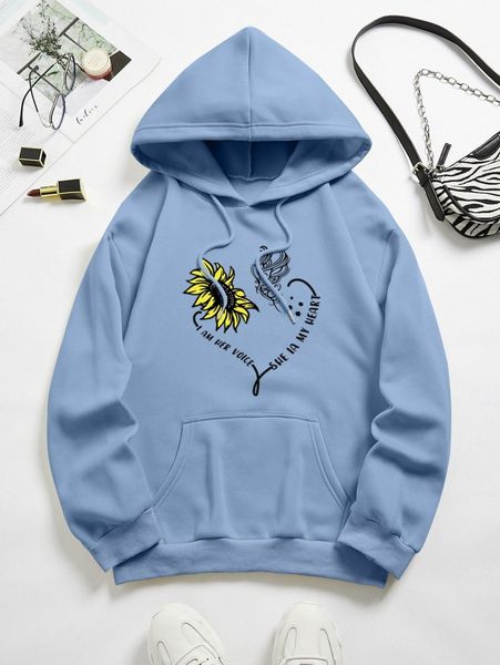 

floral & slogan graphic kangaroo pocket drawstring thermal hoodie w2au#, White;black