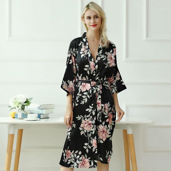 

women satin sleepwear loose intimate lingerie silky bathrobe gown casual bridal party gift kimono robe homewear nightgown1, Black;red