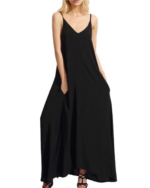 

casual dresses long beach dress women 2021 summer loose v-neck sleeveless spaghetti strap pockets female solid maxi vestidos, Black;gray
