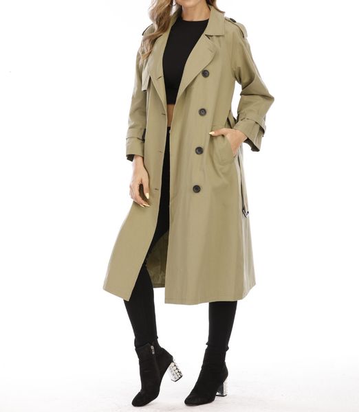 

2021 new women's spring autumn khaki solid slim double breasted windbreaker outerwear female casual trench coat, Tan;black