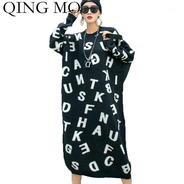 

qing mo black women letter print sweater dress 2020 women knitted pullovers dress mid calf loose sweater zqy54281, White;black