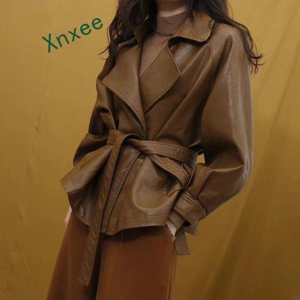 

xnxee 2020 spring autumn women vintage faux leather jackets and coats solid loose motorcycle pu jacket outwear with sashes, Black;brown