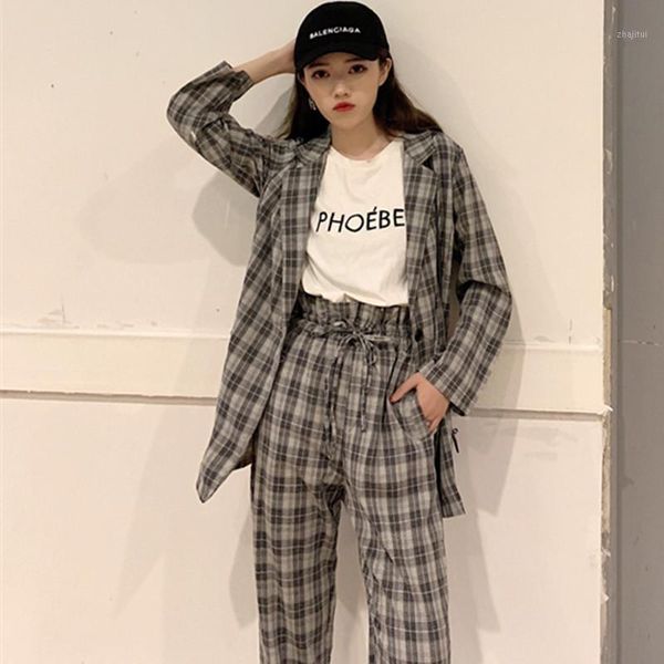 

new 2020 spring elegant women plaid blazers pants two piece sets casual single button fashion female suits office lady work wear1, White;black