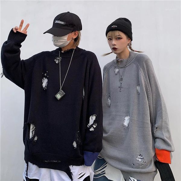 

men spring autumn vintage ripped hole punk sweaters knitted pullover women harajuku hip hop jumper pull homme1, White;black
