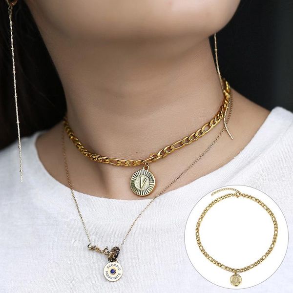 

women girls initial a-z letter round pendant choker necklace 5mm stainless steel figaro chain adjustable link wholesale ddn189, Silver