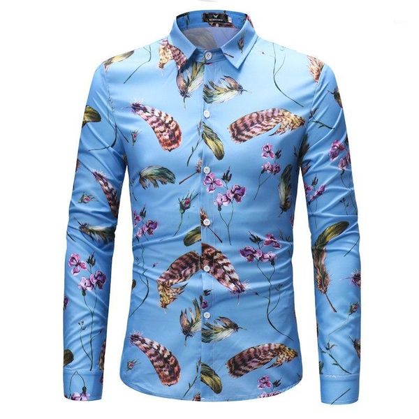

2018 shirt men spring new feather floral print slim fit shirt cotton blend turn-down collar single breasted design z301, White;black