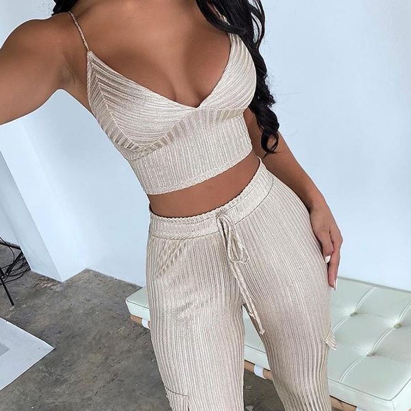 

women v-neck sleeveless two peice set crops and skinny pants sets night club party outfits tracksuit, White